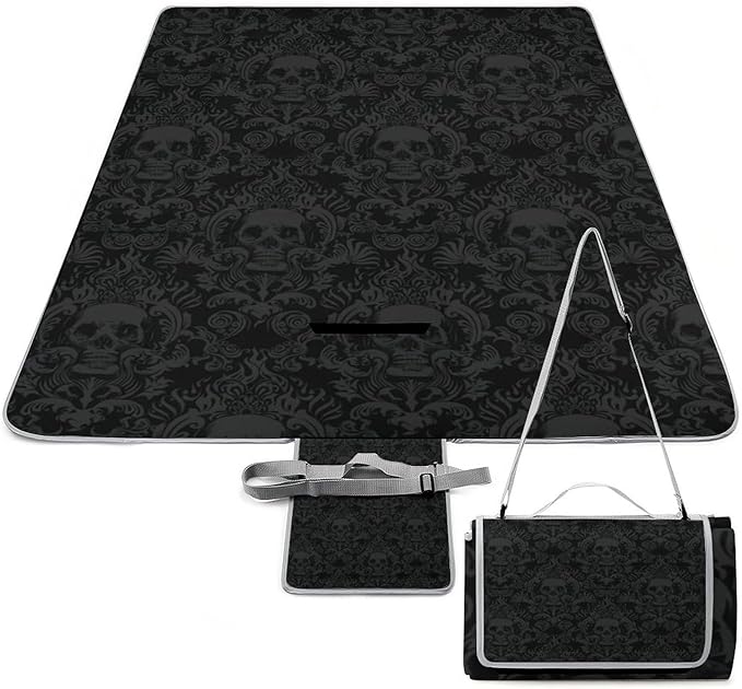 Gothic Skulls Damask Style Black White Waterproof Outdoor Picnic Blanket Sandproof Beach Mat for Camping Hiking Grass Travelling