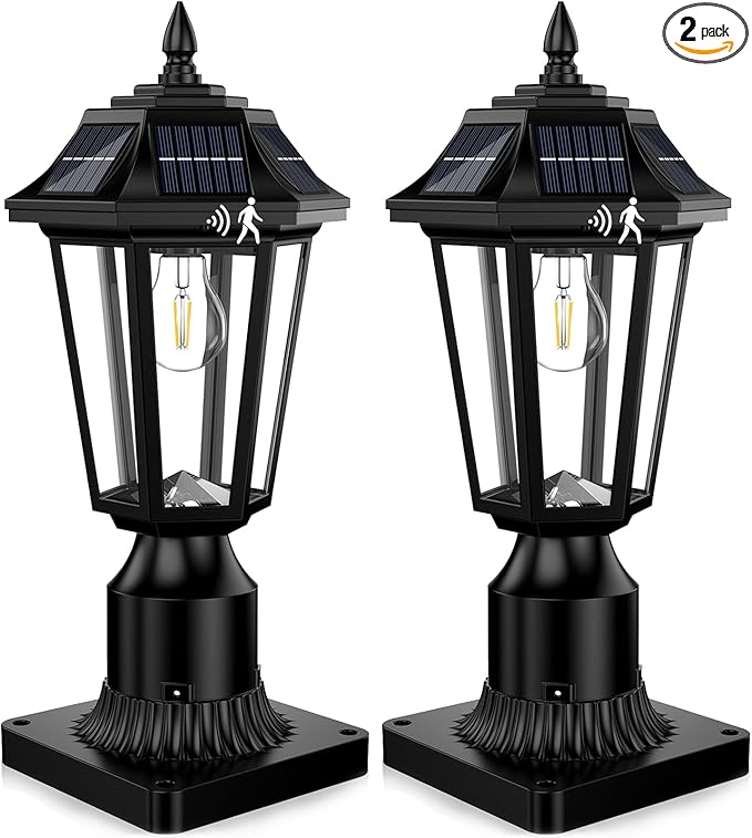 2Pack Solar Lamp Post Light Outdoor 3000K Dusk to Dawn with Motion Sensor &amp Pier Mount Base Waterproof Solar Post Lights for Garden Yard Pole 3 Modes(Warm White)