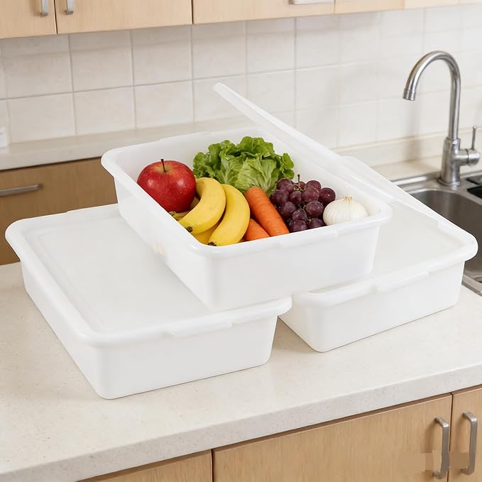 3-Pack 13 L Plastic Commercial Bus Tub with Lid Restaurant Dish Tub White