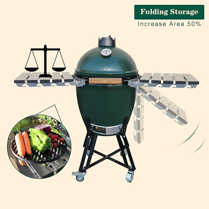 Stainless Steel Folding Side Shelves Pair of 2 Fit for Large Big Green Egg Grill 50% More Cooking Area Foldable Grill Table Accessories with Hardware