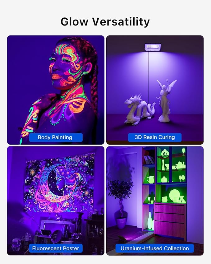 4 Pack 50W Blacklight Flood Lights Wired 120V IP66 Waterproof UV Led Black Lights for Fluorescent Decor 3D Resin Prints Uranium Glass Ultraviolet Poster Purple Ambiance Lighting for Glow Party