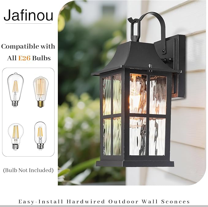 Outdoor Light Fixture IP44 Waterproof Rustproof Porch LightAluminum &amp Water Pattern Glass Exterior Sconce13-inch Black Outdoor Sconce Lights for Front Door Garage Patio (UL-Certified)
