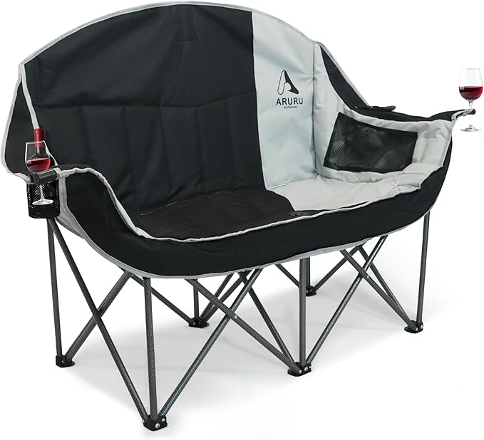 Double Camping Chair with Cooler Oversized Heavy Duty Loveseat for Adults Portable Folding 2 Person Camp Couch Padded Comfortable Two Seat for Outdoor Beach Lawn Tailgating Sports (Black Grey)