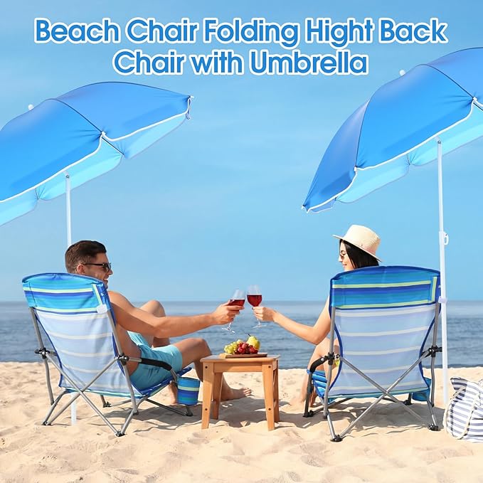 Huwena 2 Pack Beach Chair for Adult with 2 Umbrella Low Folding Chair Detachable Adjustable Lightweight with Armrests Cup Holder Carry Bag Portable for Sand Camping Travel Outdoor Pool(Yellow Green)
