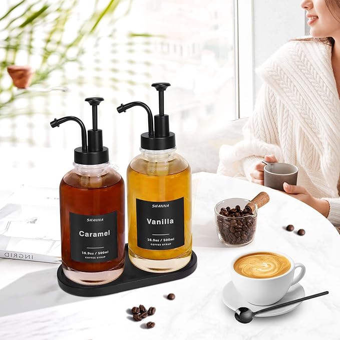 Glass Coffee Dispenser - 16.9oz Black Scoop 36 Labels Bamboo Tray &amp Pump 2-Pack