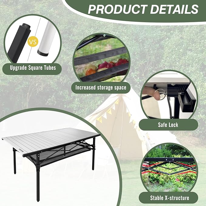 Large Folding Camping Table Aluminum with Storage for 4-6 People 55X27.5 Roll Up Tall Outdoor Portable Table Lightweight with Carry Bag for Picnic BBQ Backyard Beach
