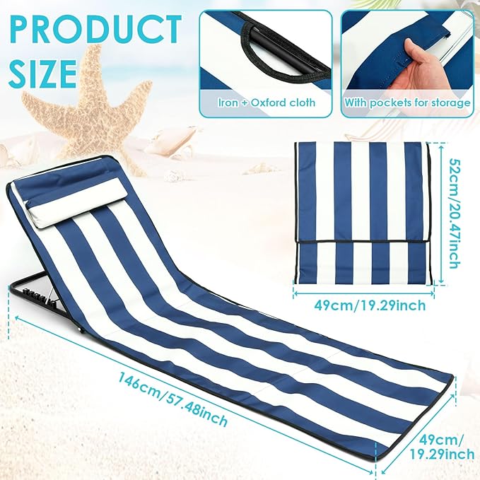 Oxford Cloth Beach Sun Chair Mat Adjustable Tilt Angle Folding Tanning Mat Waterproof Lounge Chair with Storage Pocket for Outdoor Camping Garden Park Holidays (Blove &amp White Splice)