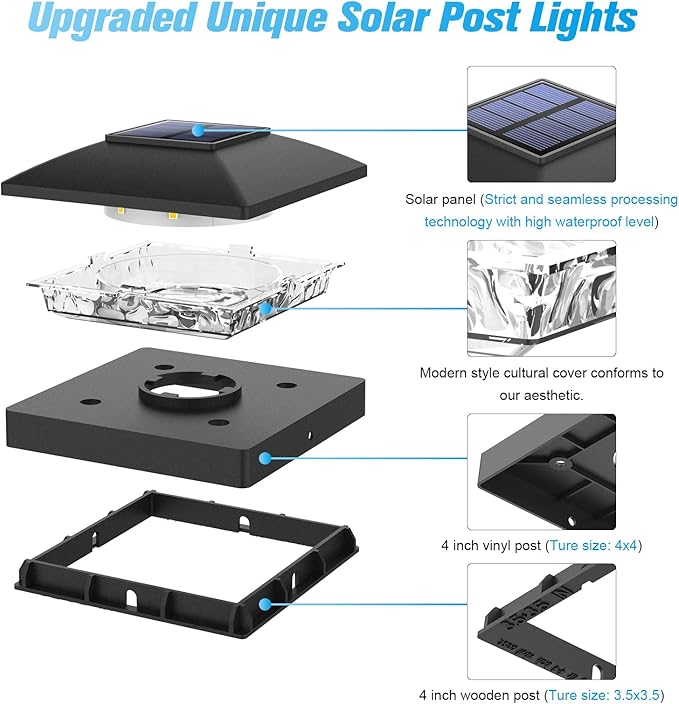 VOLISUN 4x4 Solar Post Cap Light 12packSolar Fence - Post Lights Outdoor Waterproof for Wooden/Vinyl PostBlack Deck Post Cap Light Solar Powered with Warm White for Garden/Patio/Porch
