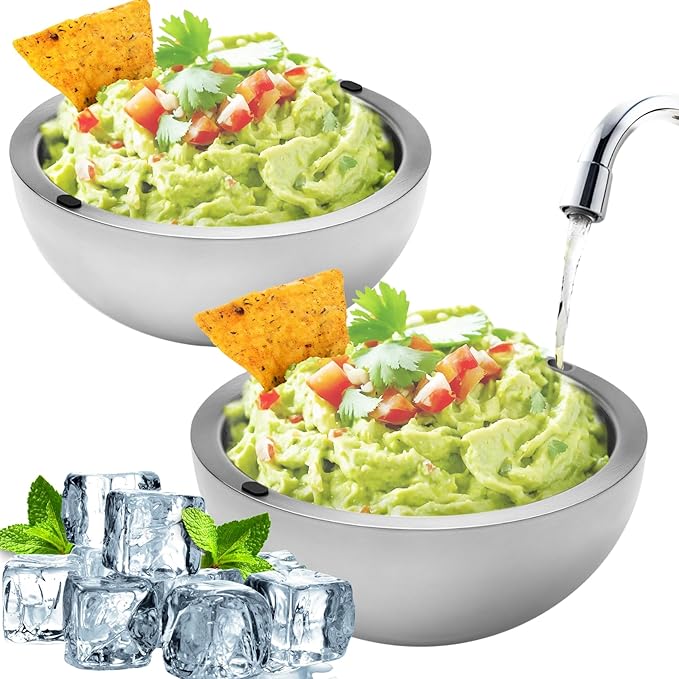 Dip Chiller Bowl - Large 70oz Capacity - Frozen Ice Stainless Steel Party Serving Bowl - Insulated Dip Dish Platter Keeps Salsa Guacamole Condiments Sauces Salad &amp Food Hot or Cold (2 Bowls)