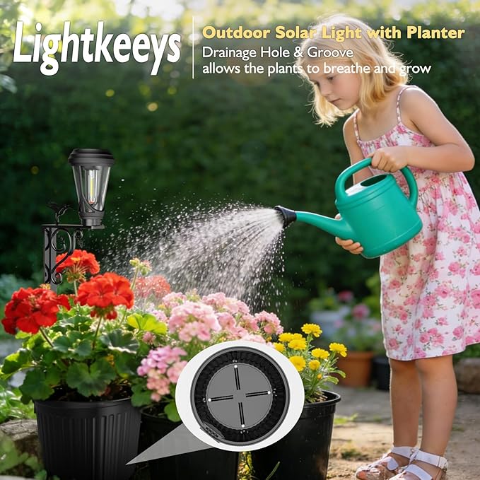 2Pcs 7.9Inch Outdoor Solar Lights with Pot Dual-Sided 3000K Warm White Lighting 2 in1 (Wall/Stand) Flower Pots Auto on/Off Outdoor Floor Lamp IP65 Waterproof for Yard PatioPorchPathway Decor