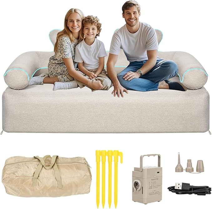 Portable Double Air Couch - Heavy Duty Outdoor Air Beach Couch Inflatable Lounger for Camping Picnics and Beach Games Camping Essentials for Aduilts 880 lbs (Double Inflatable Couch Khaki) | Outdoor