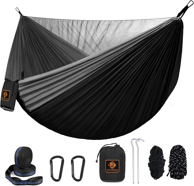 Camping Hammock Portable Hammocks with Mosquito NetLightweight Nylon Parachute Hammock with 10ft Tree StrapsCamping Gear Must Haves for Travel Hiking Backpacking Beach Patio-Black&ampGrey