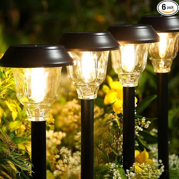 Solar Lights Outdoor Waterproof 6 Pack Metal Glass Solar Pathway Lights Outdoor Bright LED Outdoor Solar Lights for Yard Garden Path Walkway