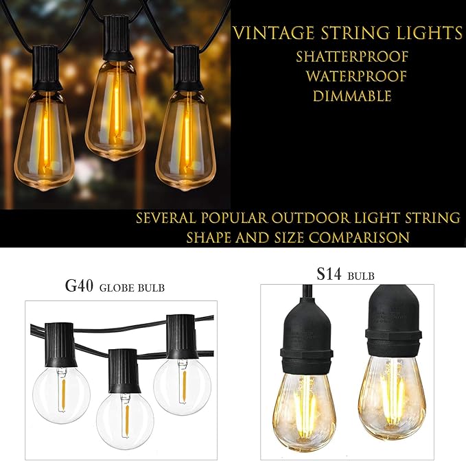 Outdoor String Lights 36ft with LED Filament Bulbs 30+2(Spare) Dimmable Shatterproof Waterproof for Indoor/Outdoor Decoration and Lighting Edison Vintage Style Warm 2200K