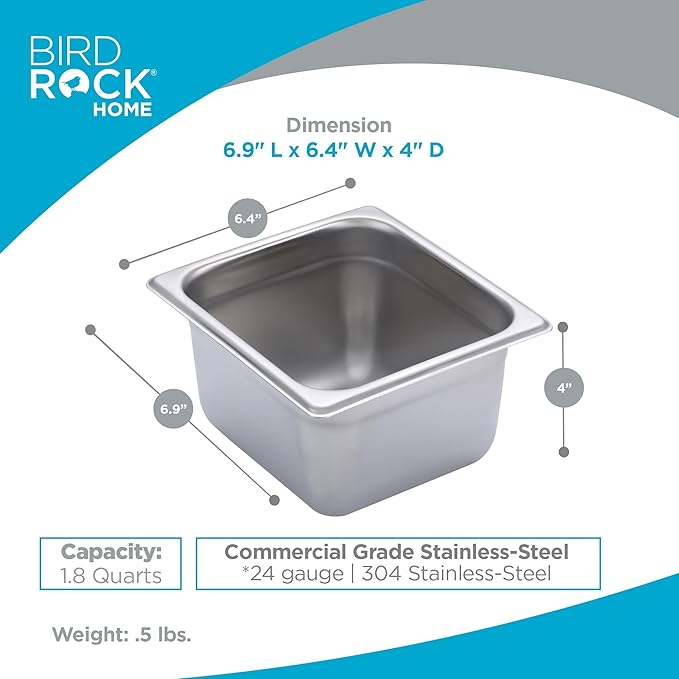 BIRDROCK HOME Stainless Steel Steam Table Pan - Hotel Restaurant &amp Catering Supplies - 24 Gauge Steel 1.8 qt Capacity - Meal Prep Cooking &amp Food Storage Container - 4 Depth 1/6-Size (6 P