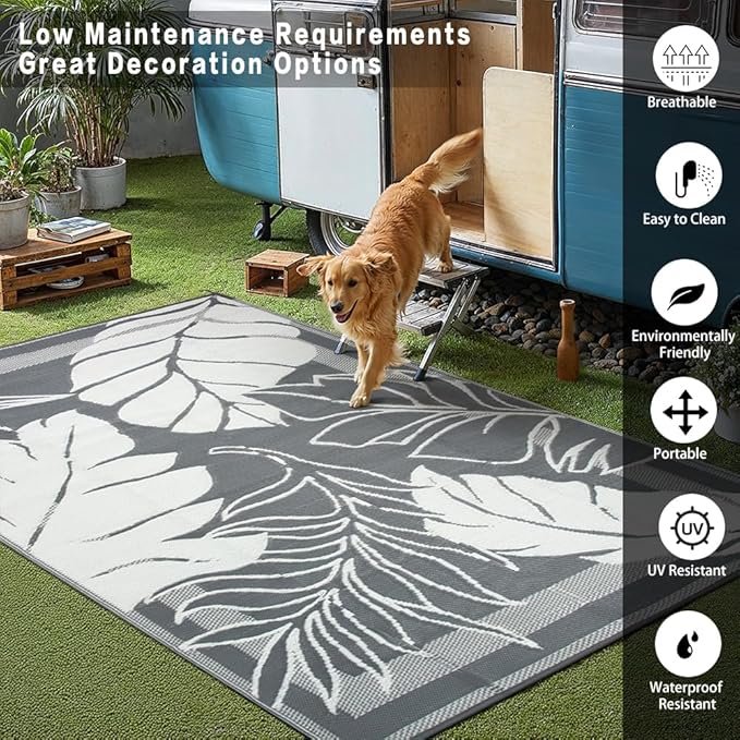 HUGEAR 5'x8' Outdoor Rug Waterproof Plastic Straw Rugs Grey Reversible Olive Leaf Mat Floor Carpet for Camping RV Deck Entryance Porch Picnic Balcony Beach Backyard
