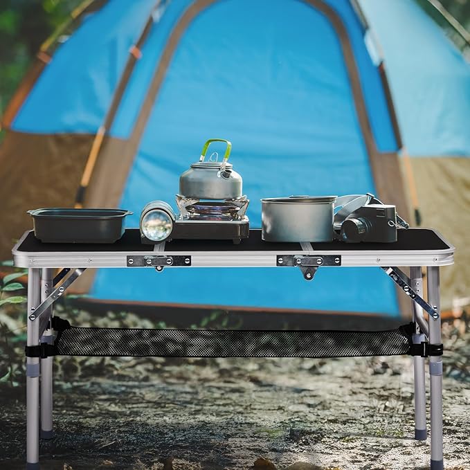 Outvita Folding Table 3FT Aluminum Camping Table with Storage Adjustable Height Picnic Table Lightweight for Carring Outdoor Party Events Beach