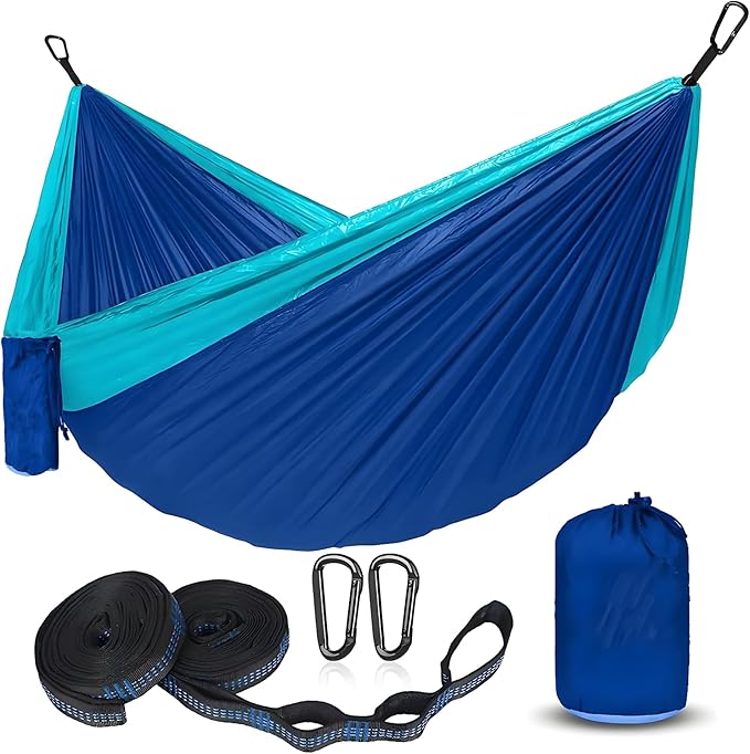 Camping HammockLightweight Nylon Parachute Hammock with Tree Straps and Carry BagEssential Equipment for Outdoor AdventuresCampingHiking and Other Activities(Sky Blue Mixed with Royal Blue)