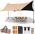 Camping Tarp with Poles &amp Retainer15x12.5FT Large Waterproof 210D Oxford Cloth Camping Canopy Anti-UV UPF100+ Tent Tarp Car Awning for Outdoor Picnic Hammock Car Backpacking (Khaki-Black)