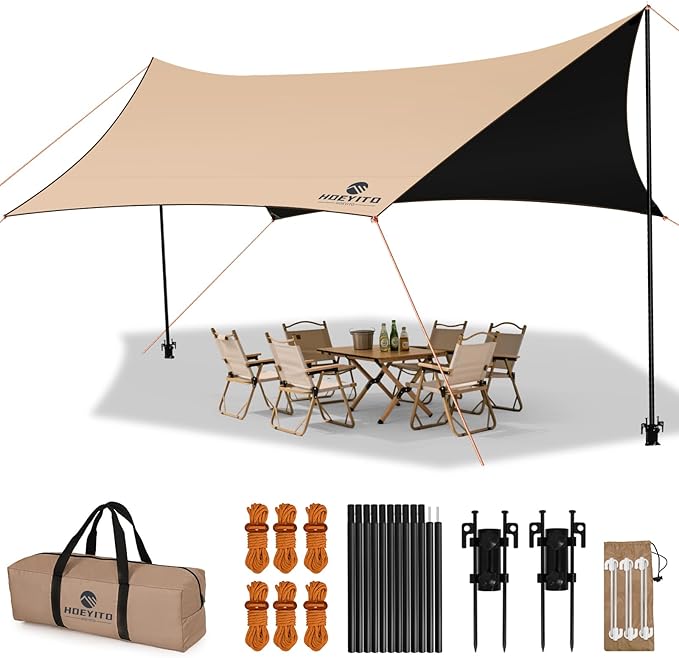 Camping Tarp with Poles &amp Retainer15x12.5FT Large Waterproof 210D Oxford Cloth Camping Canopy Anti-UV UPF100+ Tent Tarp Car Awning for Outdoor Picnic Hammock Car Backpacking (Khaki-Black)