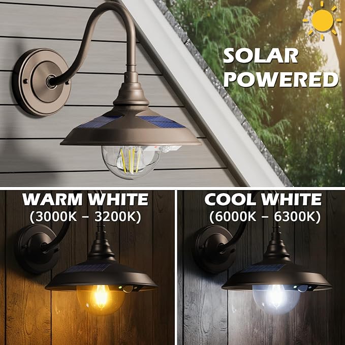 SIEDiNLAR Solar Barn Light Outdoor 3 Modes 2 Lighting Aluminum Gooseneck Wall Light Vintage Farmhouse Waterproof with Remote &amp Motion Sensor for Barn Garage Shed Chicken Coop Dark Bronze (1 Pack)