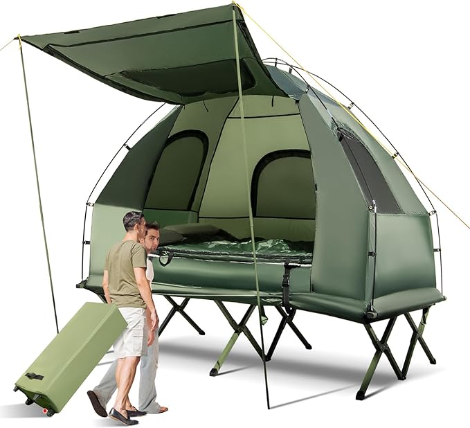 LDAILY Camping Tent Cot 5 in 1 Off Ground Elevated Tent with Air Mattress Sleeping Bag &amp Pillow Folding Camping Cot Combo with Carrying Bag for Outdoor Hiking RV Picnic Field Backyard (2 Per