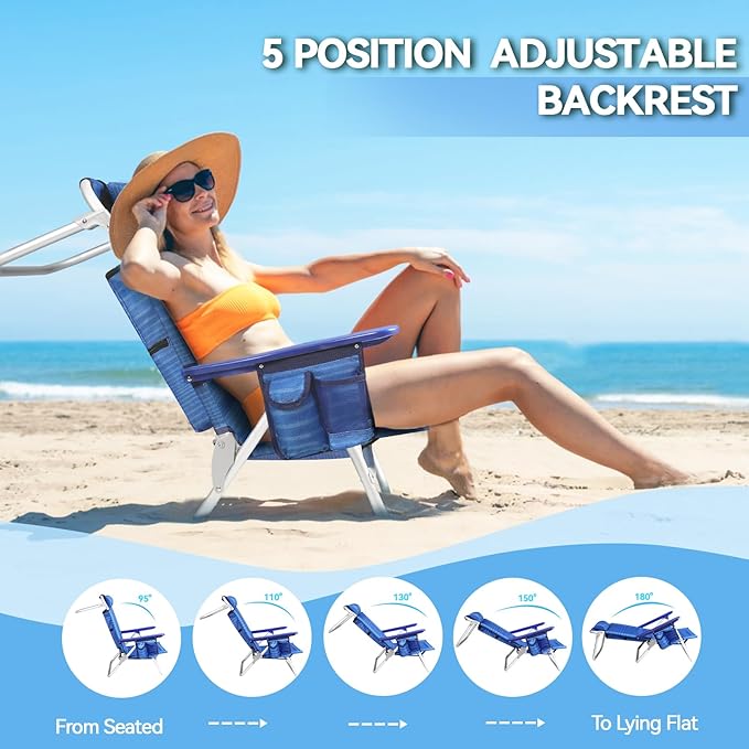 OFIKA Backpack Beach Chairs for Adults Folding Beach Chairs with 5 Adjustable PositionsCamping Chairs with HeadrestTowel RackLarge Pockets and Cup HolderSupports up to 300lbs (Navy Blue 2pack)