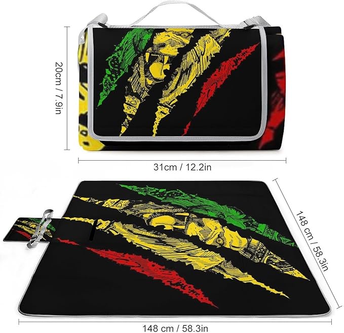 Marijuana Leaves Rasta Lion Cannabis Waterproof Outdoor Picnic Blanket Sandproof Beach Mat for Camping Hiking Grass Travelling