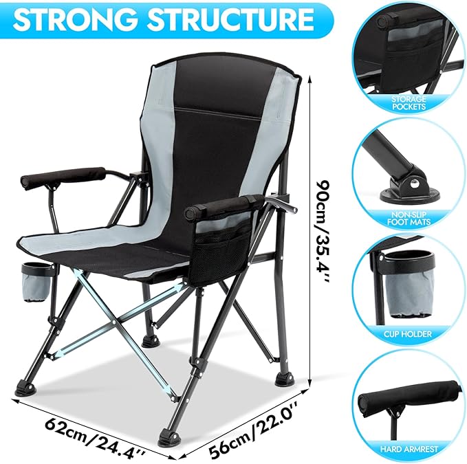 Oversized Folding Camping Chair for Adults Supports 450 LBS Camping Chairs Heavy Duty Camping Chair with Side Pockets Foldable Outdoor Chair for Camping Beach Fishing Hiking Black-Gray