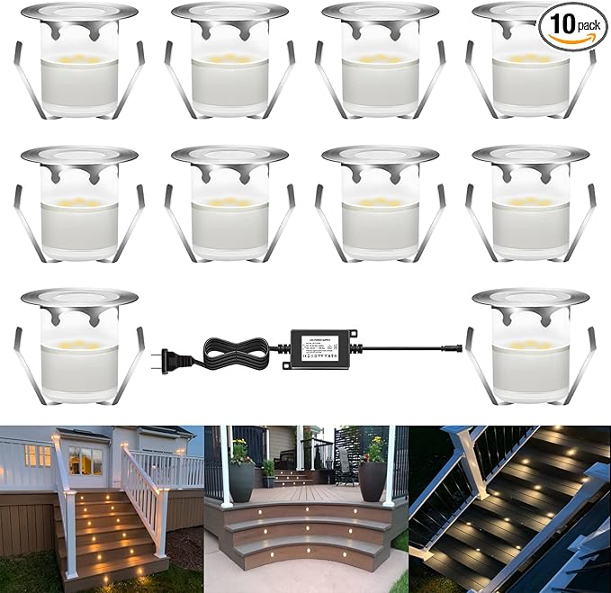LED Outdoor Deck Lights Kits Warm White Φ1.18in Low Voltage 12V DC IP67 Waterproof Electric Wired Recessed Round Landscape Lighting for Exterior Yard Stair Step Floor Riser 10 Pack Silver