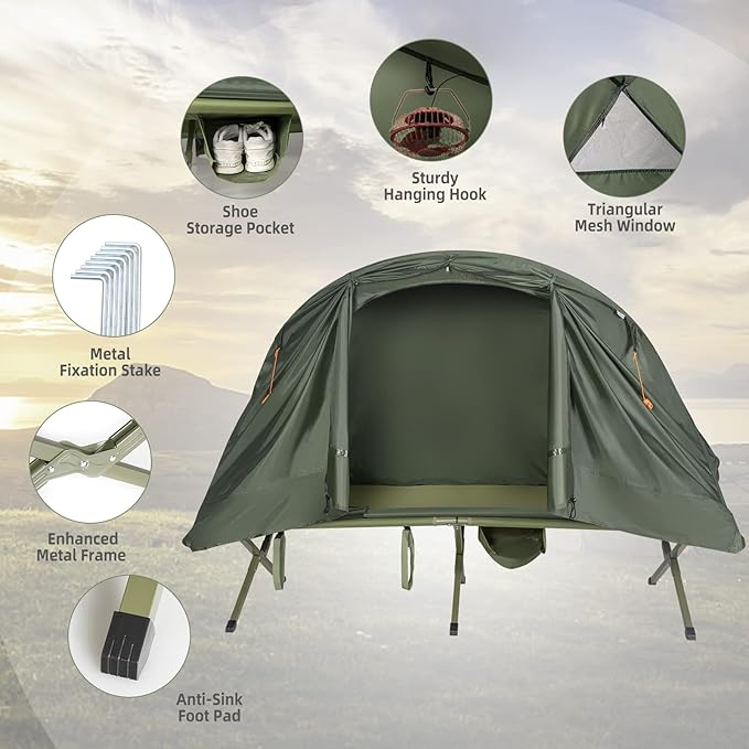 Tangkula 4-in-1 Camping Cot Tent Set Foldable Off Ground Elevated Tent for 1 Person Portable with Waterproof External Cover Air Mattress &amp Carrying Bag Ideal for Outdoor Hiking Camping