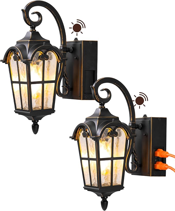 EDISHINE 2 Pack Dusk to Dawn Outdoor Wall Lights Porch Lights with GFCI Outlet Retro Black Outdoor Wall Lantern Waterproof Outside Exterior Light Fixture for Front Door Patio Garage E26 Socket