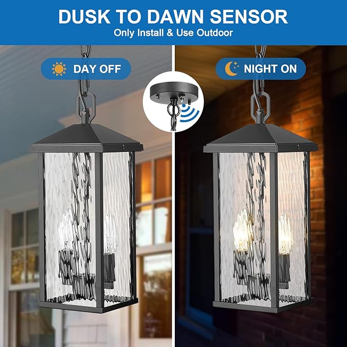 Outdoor Pendant Lights for Porch Chandelier Outdoor Pendant Lights Dusk to Dawn 2-Light Modern Hanging Porch Lights Exterior Hanging Light Fixture with Water Ripple Glass for Patio Gazebo