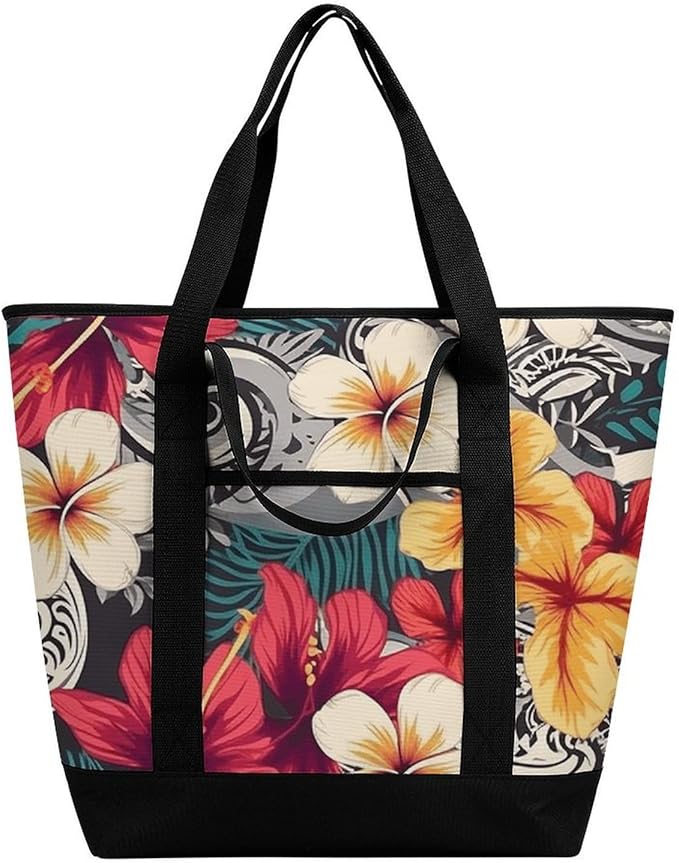 Insulated Shopping BagLarge Reusable Cooler Bags Colorful Hawaiian Pattern Printed Foldable Shopping BagTravel Waterproof Shoulder Bag