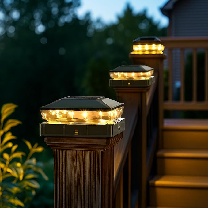 Solar Post Cap Lights 6 Pack Upgraded Outdoor Deck Fence Post Solar Lights for 4x4 5x5 Wood/Vinyl Posts IP65 Waterproof 10-12 Hours Warm White Glow for Garden/Patio/Porch - Black