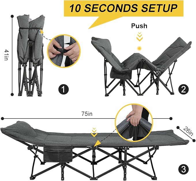 ATORPOK Camping Cot for Adults with Cushion and Pillow Portable Folding Bed for Sleeping Lightweight Tent cot with Carry Bag Supports 450 lbs (Grey)