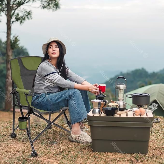 Backyard Expressions Luxury Heated Portable Camp Chair - Green/Grey - Great for Camping Sports and The Beach