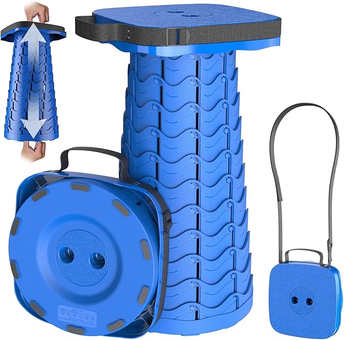 2025 Upgraded Collapsible Stool Portable Folding Stool Telescoping Camping Stool with Max Load Capacity 485lbs Square Retractable Seat for Camping Gardening Fishing Hiking BBQ [Blue]