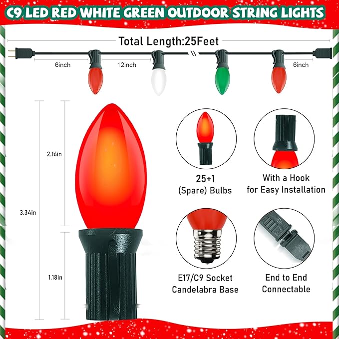 25FT Red Green White Christmas LightsVintage C9 LED Christmas Light with 26 Shatterproof Plastic BulbsConnectable Multicolor Outdoor Lights for Christmas Tree GardensParty Holiday