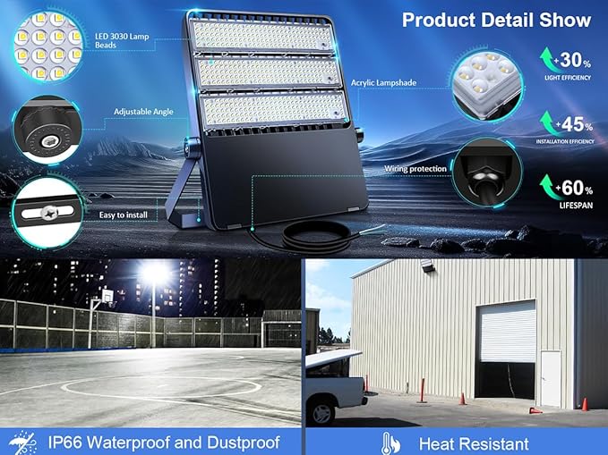 Outdoor LED Stadium Flood Lights 2400W Equivalent Super Bright 52200LM Wall Mount 360W Parking lot Commercial Lighting for Basketball Court Arena Barn 5500K 85-277V Waterproof Yard lamp
