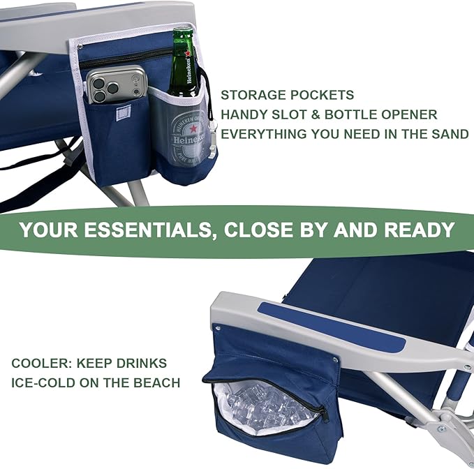 Romswi Beach Chair with Canopy Shade for Adults 1 Pack Aluminum Folding Chairs with Detachable &amp Adjustable Umbrella 5-Position Lay Flat Cooler Bag Cup &amp Phone Holder Towel Bar Navy Blue