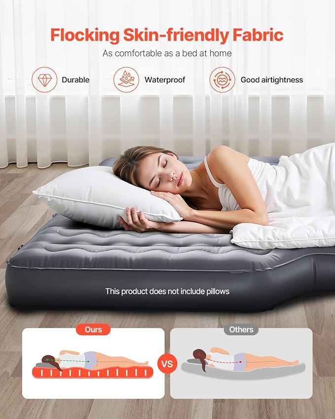 VEVOR Car Air Mattress Inflatable Car Camping Mattress Oxford Thickened Travel Beds Comfortable and Durable Portable Sleeping Pad with Air Pump Nozzle Carry Bag Fits Most SUV MPV Sedan Gray