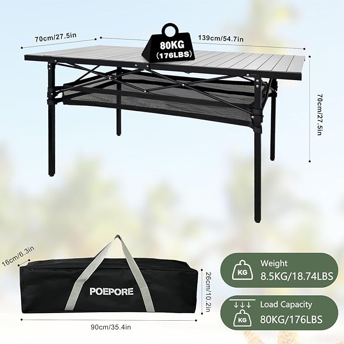 Large Folding Camping Table Aluminum with Storage for 4-6 People 55X27.5 Roll Up Tall Outdoor Portable Table Lightweight with Carry Bag for Picnic BBQ Backyard Beach