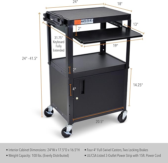 Stand Steady AV Cart with Locking Cabinet Adjustable Height UL Certified Steel Frame Black