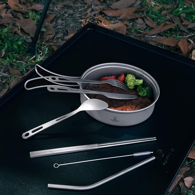SILVERANT Titanium Camping Flatware Titanium Spork Spoon Chopsticks Knife Straw Cutlery Set PortableTableware for Lunch Box Outdoor &amp Hiking Comes with Drawstring Bag &amp Carabiner- Sandblaste