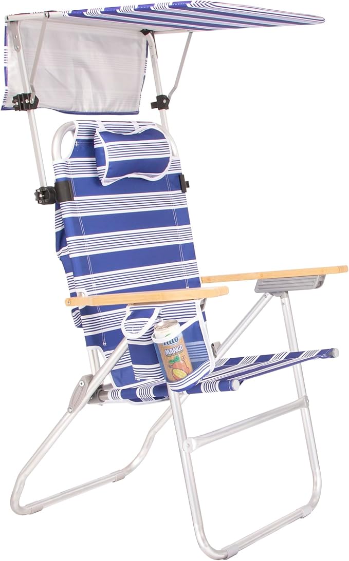 Heavy Duty Tall Beach Chair with Canopy Shade for Adults 17 High Off Ground 4-Position Reclining Insulated Cooler &amp Storage Pouch Bamboo-Finish Arms 300 lb Capacity