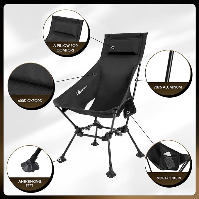 MOON LENCE High Back Folding Camping Chairs Height-Adjustable Widened Seat for Beach with Anti-Sinking Feet