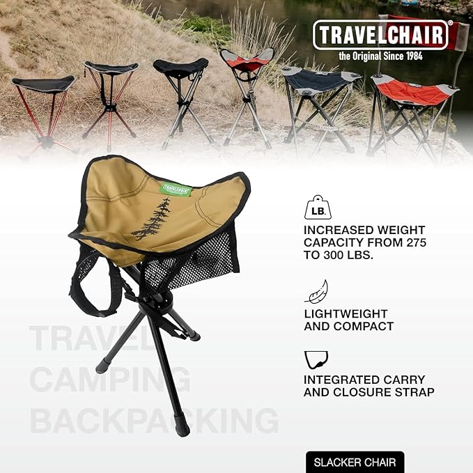 Travel Chair Slacker Tripod Chair for Camping Lightweight Chair Adjustable Carry Strap for Easy Transport Made with Recycled Fabric Perfect for Outdoor Adventures Repreve (Brown/Khaki)