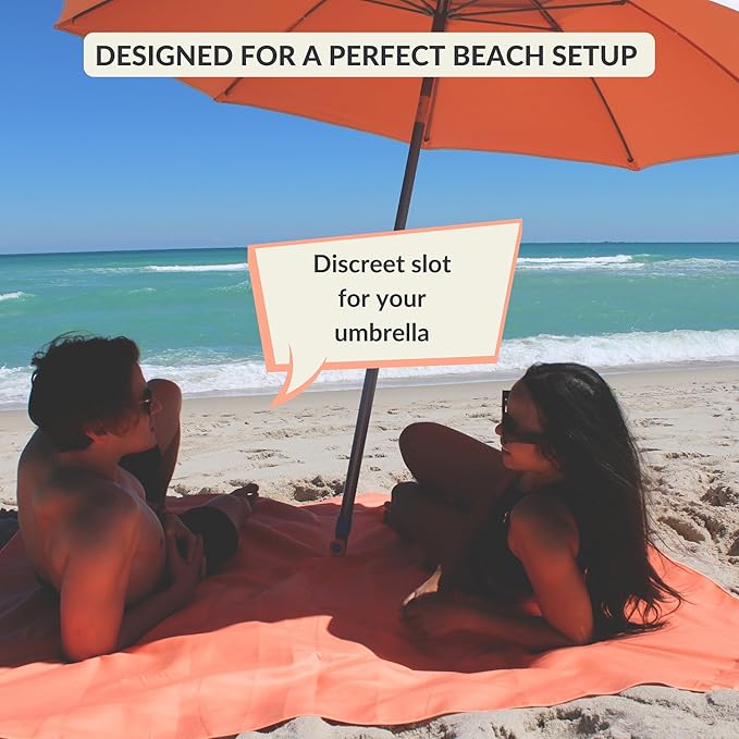 Plush Microfiber Beach Blanket Large Beach Mat for 1-4 Persons Sandproof Windproof | Hole for Umbrella Corner Sand Pockets to Fight Wind (Bag for Blanket Included)
