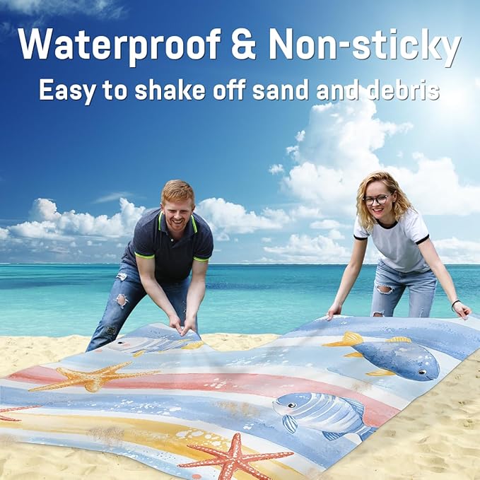 Waterproof Sandproof Beach Blanket 59''×68'' Happy Fish Pattern Polyester Outdoor Picnic Blanket with 4 Stakes &amp Storage Bag for BeachCampingVacation
